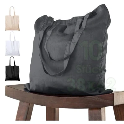 Afbeelding van ELES VIDA katoenen tas lang handvat (10 stuks in 38x42) DONKERGRIJZE ÖKO TEX ® geteste KWALITEIT GOEDEREN, draagtas, jute tas, stoffen boodschappentas, 100% katoen