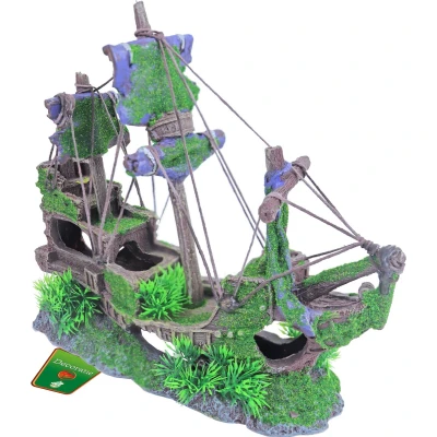 Afbeelding van Polyresin ornament gezonken galjoen met gaten en mos 30 cm Gebr. de Boon