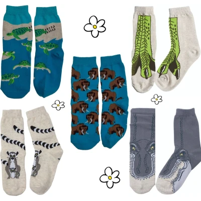 Afbeelding van Nature Planet kindersokken set van 5 paar sokken ringstaartmaki 2x t rex mammoet zeeschildpad (100% Oeko tex gecertificeerd) maat 35 38