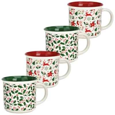Afbeelding van Kerstmokken, set van 4 porseleinen mokken, kerstdecoratie, schattige koffiekopjes, 13 x 8 cm, rood en groen motief, glühweinbeker voor winter, Kerstmis, hoogwaardig porselein, vaatwasmachinebestendig