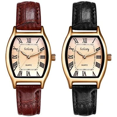 Afbeelding van JewelryWe Dameshorloge, analoog kwartsuurwerk, klassiek zakelijk casual horloge met leren armband voor vrouwen en meisjes, Type 3 rechthoek, 2 stuks, Riemen.