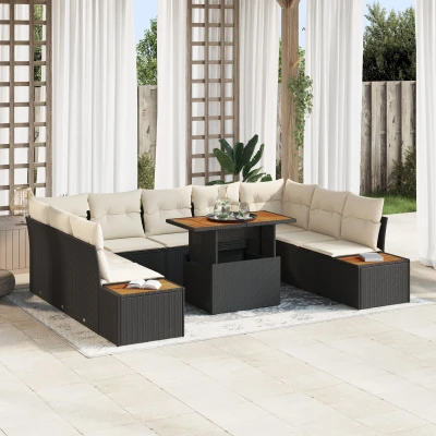 Afbeelding van vidaXL 10 delige tuin eetset met kussens zwart poly rattan acacia