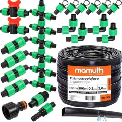 Afbeelding van Druppelslang set 100 m 10 cm 2 l/h druppelband irrigatie verbindingsstuk T stuk, PE 16 mm, Mamuth