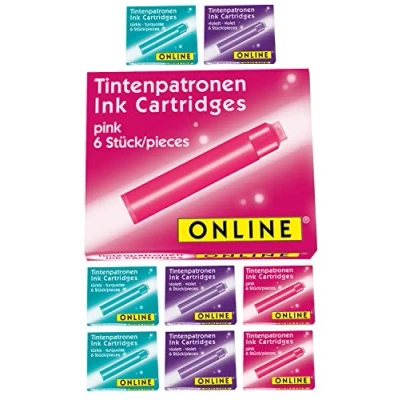Afbeelding van Online 17032 standaard inktpatronen, kleurrijk in voordeelverpakking, universele vulinkt, compatibel met alle vulpennen, reservepatronen voor vulpen en rollerbal, kleur turquoise/roze/paars