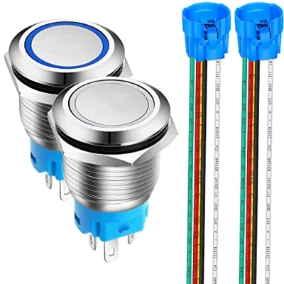 Afbeelding van Gebildet 2pcs 0.75 inch/19mm Roestvrij Staal Kortstondige Drukknop 12V 24V 5A LED 1NO1NC SPDT AAN UIT Waterdichte met Draadstekker(Blauwe+Witte LED)