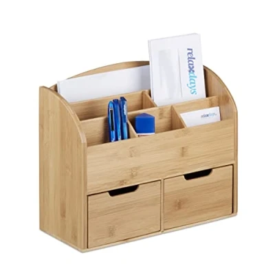Afbeelding van Relaxdays bureau organizer bamboe desk met 2 lades pennenbak