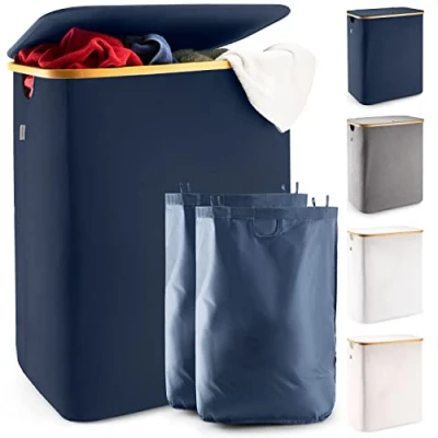 Afbeelding van Lonbet Dubbele wasmand met deksel en twee uitneembare waszakken blauw extra grote van bamboe XXL waszak 150 l 57 x 37 71 cm