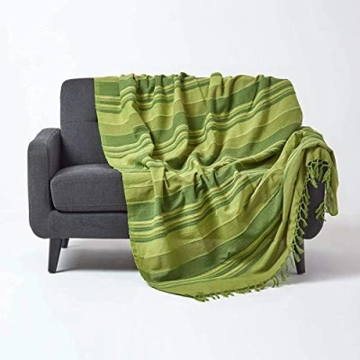 Afbeelding van Homescapes Morocco Gestreepte Katoen deken Groen XXL handgeweven met franjes 255 x 360 cm