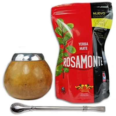 Afbeelding van Rosamonte Yerba Mate Thee Set Traditioneel Zip 250g 1x Beker (Kalebas) Pompoen luipaard kleur, Theestro Bombilla, Reinigingsborstel Detox en Energiedrank