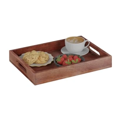 Afbeelding van Relaxdays dienblad rechthoek met hoge rand 2 handgrepen mangohout