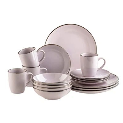 Afbeelding van MÄSER Metallic Rim, moderne serviesset voor 4 personen met messing rand, 16 delig combiservies randloze coupe vormen, aardewerk, lavendel