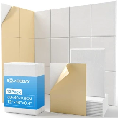 Afbeelding van Soundsbay akoestische platen, zelfklevend, geluidsabsorberende wand, hoge dichtheid, geluidsisolatieplaten voor behandeling en wanddecoratie, 30 x 40 0,9 cm, 12 stuks (wit)