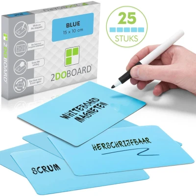 Afbeelding van 2DOBOARD Whiteboard Magneten 15 x 10 cm 25 stuks Blauw Herschrijfbaar voor Scrum , Agile, Lean, Kanban en andere planborden
