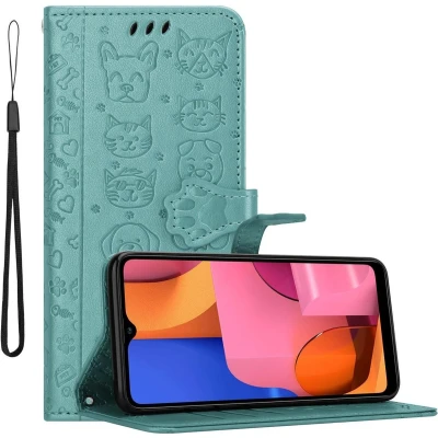 Afbeelding van Cadorabo Hoesje geschikt voor Samsung Galaxy A20s in SHINY GROEN Beschermhoes honden en katten met standfunctie kaartsleuven Book Case Cover Etui