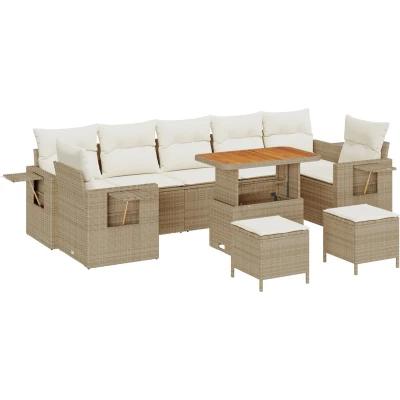 Afbeelding van vidaXL 10 delige Tuin Sofa Set met Kussens Beige Poly Riet Acacia, 3 Eetset Acacia