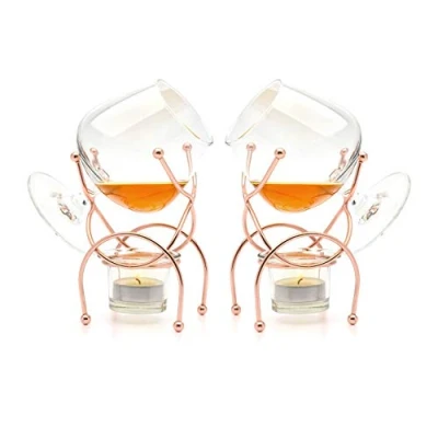 Afbeelding van Bar Amigos Set van 2 Brandy &amp; Cognac Snifter Warmer Glas Cooper Stand Gift met Theelichtkaars Koperen Houder Premium Drinkset