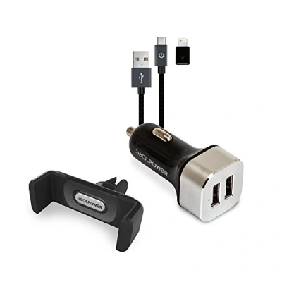 Afbeelding van RealPower Mobile Car Set met universele smartphonehouder voor ventilatierooster, 12V autolader 2 x USB, microUSB kabel en Apple lightning adapter