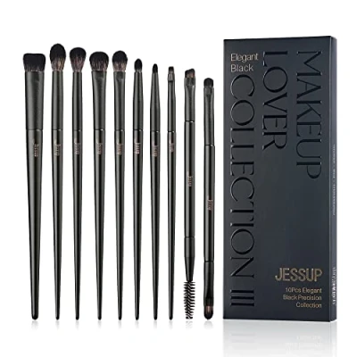 Afbeelding van Jessup oogschaduwpenseel, 10 stuks oogmake up kwastenset Professionele mengborstel Oogschaduw Eyelinerpenseel Crease Brush Duo end wenkbrauwpenseel, elegant zwart T337