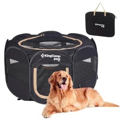 Afbeelding van KingCamp Opvouwbare hondenbox, draagbare huisdierbox met ademend gaas, lichtgewicht pop up hond kat box, hondenpen huisdierkooi draagtas voor puppy kitten konijn binnen buiten, zwart M