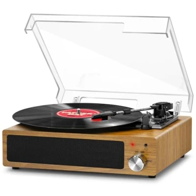 Afbeelding van FYdee vinyl platenspeler, Bluetooth vintage draaitafel met ingebouwde stereoluidspreker en 3 speed 33/45/78 rpm, RCA uitgang, AUX ingang walnoot