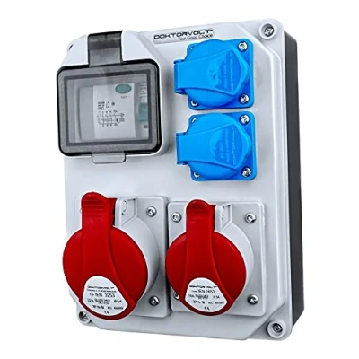Afbeelding van Doktorvolt stroomverdeler HL FI met 2 x 230 V Schuko en 1 16 A 400 V, 32 CEE stekkercombinatie, schakelaar, bouwstroomverdeler, wandverdeler volledig bedraad IP44 voor bouwplaatsen