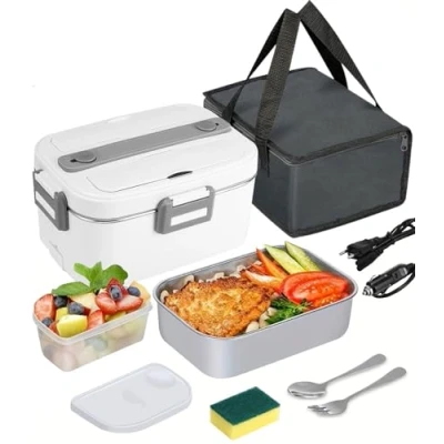 Afbeelding van SOBEAU Elektrische Lunchbox, 3 in 1 12/24/220V Thermo 1,8 L grote container lunchbox volwassene, warmhoudbox met bestek en geïsoleerde lunchtas voor auto, huishouden, kantoor, Wit