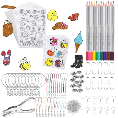Afbeelding van Huifoo 198 stuks krimpfolieset, 25 krimpfolie om te knutselen met sleutelhangeraccessoires, kleurpotloden, gaten, krimpfolieset voor kinderen, doe het zelven, knutselen, badges, sieraden,