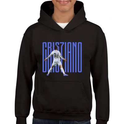 Afbeelding van Cristiano Kinder Hoodie Zwart text blauw Maat 122/128 leeftijd 7 tot 8 jaar rugnummer7 Cadeau Voetbal Zwarte