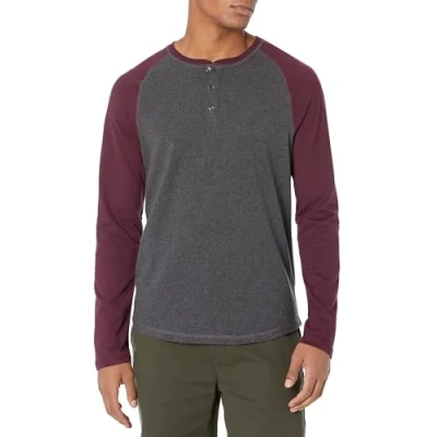 Afbeelding van Amazon Essentials Men&#039;s Henley shirt met lange mouwen en slanke pasvorm, Bordeauxrood/Houtskoolzwart, M