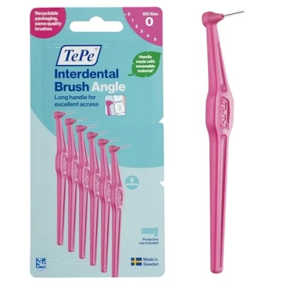 Afbeelding van TePe Angle interdentale rager, Roze, 0.4mm/ISO 0, 6st, plakverwijderaar voor tanden en kiezen smalle tussenruimten, zorgt sterk tandvlees