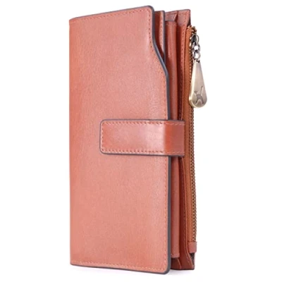 Afbeelding van Catwalk Collection Luxe Dames Organiser Portemonnee met Geschenkdoos Kwaliteit Echt Leer RFID Protectie 20 Creditcards munten vak rits Smartphone Compartiment STELLA Tan