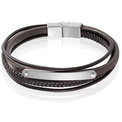 Afbeelding van Mendes Heren Armband Bruin Leer Edelstaal ID Graveerplaat Zilverkleurig 19cm