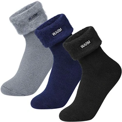 Afbeelding van Homealexa 3 paar knuffelsokken, gebreide sokken met badstof aan de binnenkant, warme wintersokken, thermosokken, enkelhoge kerstsokken, Zwart grijs donkerblauw, Eén Maat