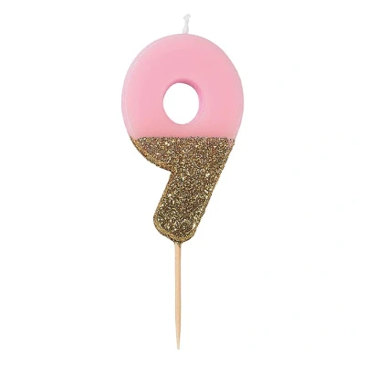Afbeelding van Talking Tables Nummer 9 verjaardagskaars met gouden glitter. Premium kwaliteit taarttopper decoratie, Meerkleurig, 2 x 5.2 13.8 cm