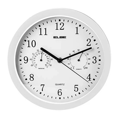 Afbeelding van ELBE RP 2005 B Wandklok met thermometer en hygrometer, meet temperatuur luchtvochtigheid, 25 cm diameter, wit paneel, frame, werkt op batterijen,