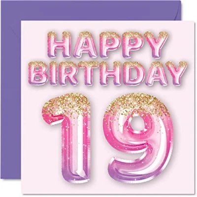 Afbeelding van 19e verjaardagskaart voor vrouwen roze en paarse glitterballonnen gelukkige verjaardagskaarten 19 jarige vrouw dochter zus tante neef, 145 mm x negentiende verjaardag wenskaarten
