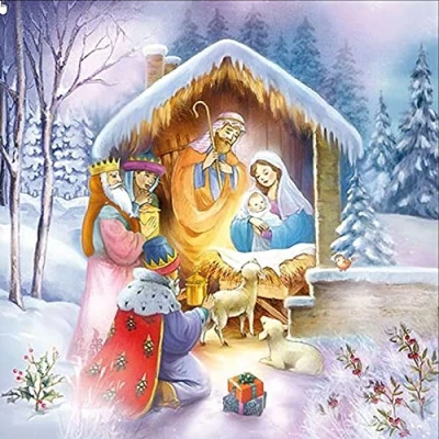 Afbeelding van 20 servetten kerstavond in de winter geboorte van Christus Kerstmis tafeldecoratie 33x33cm