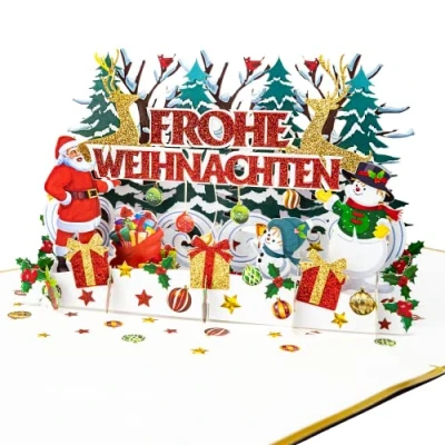 Afbeelding van LIMAH® Pop Up 3D premium wenskaart, hoogwaardige kerstkaart, X mas kaart voor kerstman, sneeuwman, rendieren, Vrolijk kerstmotief, in wit goud/groot met glitter