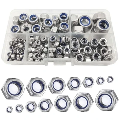 Afbeelding van 150 stuks M12/M10/M8/M6/M5/M4/M3 Hex lock moeren roestvrij staal nylon insert assortiment schroefdraadinzetstukken zeskantmoeren set verschillende borgmoeren (zilver)