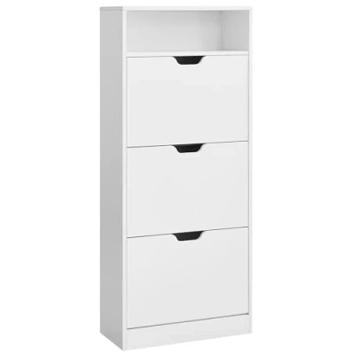 Afbeelding van VASAGLE Schoenenkast met 3 kleppen, schoenenrek, open vak, verstelbare scheidingswand, voor 14 18 paar schoenen, de hal, 24 x 60 139 cm, wolkenwit, LBC046W01