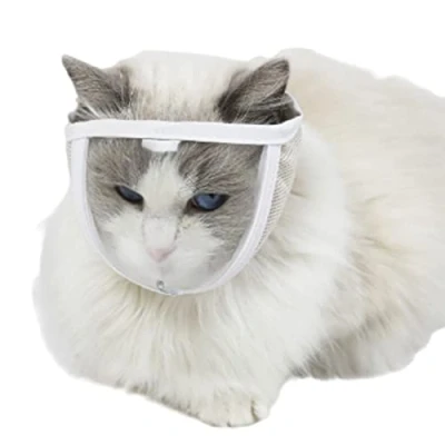 Afbeelding van muilkorf voor katten onderhoud, van net om bijten en kauwen te voorkomen, zachte snuit, mondbescherming witte