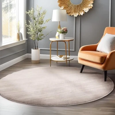 Afbeelding van HomebyHome Laagpolig tapijt, woonkamer, 120 cm, rond, beige, wasbaar tapijt voor slaapkamer, eetkamer en ideaal als keukentapijt, extra zacht, effen, antislip, modern