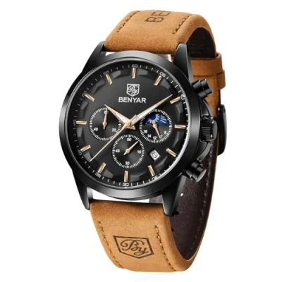 Afbeelding van BENYAR Stijlvol herenhorloge, chronograaf, kwartsuurwerk, zakelijk sportontwerp, 3ATM waterdicht, elegant cadeau voor mannen, Zwart A, riem