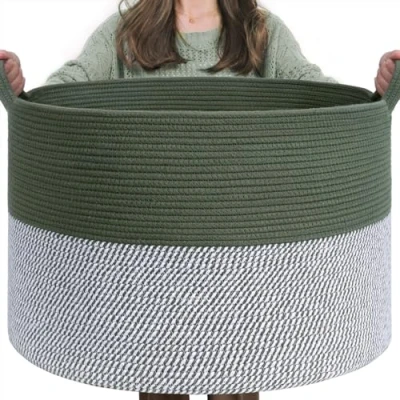Afbeelding van TIMEYARD Opbergmand voor kinderkamer, wasmand kinderen, grote kerstboommand, mand dekens, babyspeelgoed, gevlochten mand, 55 x 35 cm, olijfgroen