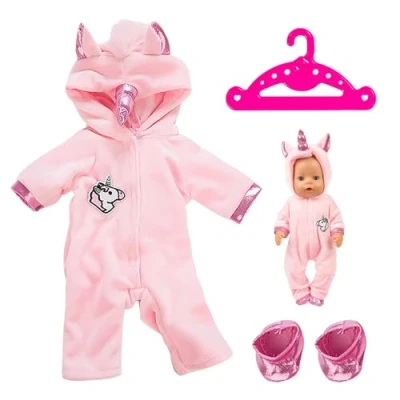 Afbeelding van 1 roze poppenkleding en schoenenset, kleerhanger met oren hoorns, wintereendelig, babykledingaccessoires, poppenspeelgoedkleding (43 cm)