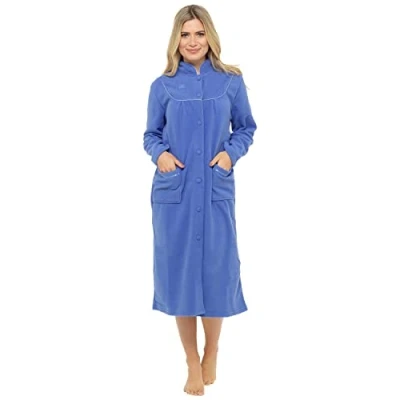 Afbeelding van Dames fleece badjas met knoopsluiting zakken aan de voorkant, Blauw, 46