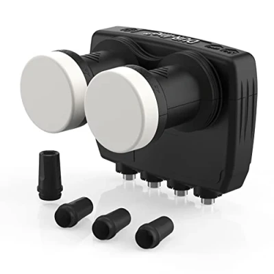 Afbeelding van DUR line 6 Monoblock Quad LNB Astra 19,2E + Hotbird 13E 4 deelnemers &amp; 2 satellieten (MB6 QS) dubbele LNC met geïntegreerde DiSEqC Full HD, 4K, 8K, 3D weerbestendig mobiele afscherming