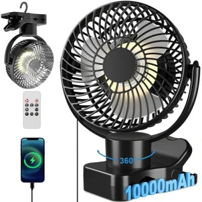Afbeelding van 360 Oscillatie clipventilator met afstandsbediening, draagbare USB tafelventilator 10.000 mAh accu, stille campingventilator timerfunctie en 4 standen, ledlicht, mini ventilator, 75 uur