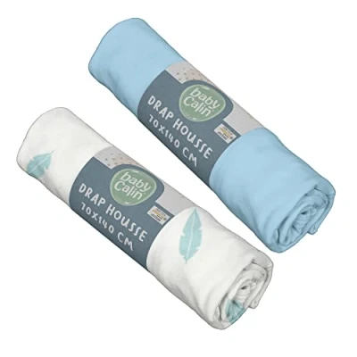Afbeelding van BabyCalin Set van 2 hoeslakens, blauw/veren, 70 x 140 cm, Oeko Tex gecertificeerd