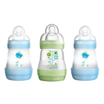 Afbeelding van MAM Easy Start Self Sterilising Anti Colic Baby Bottle 3 Pack (3 x160 ml) with Slow Flow Teats Size 1, Newborn Essentials, Blue (Designs May Vary)